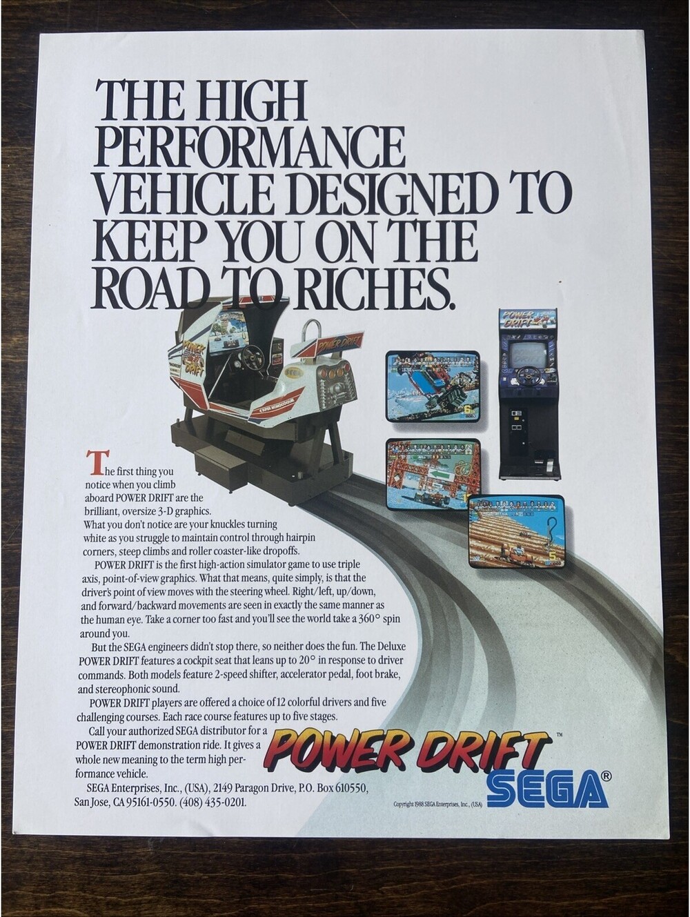 Sega Power Drift Arcade Pinball FLYER Original Ad Promo 1988 Poster Not PCB